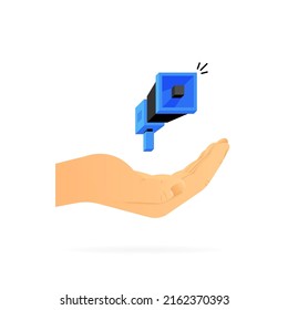 Hand holding megaphone sign. Realistic hand. White background. Vector illustration.