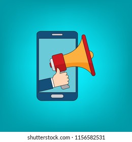 Hand holding megaphone with smartphone icon - mobile phone advertising concept