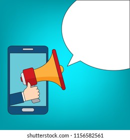 Hand holding megaphone with smartphone icon - mobile phone advertising concept