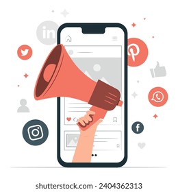 a hand holding a megaphone with social icons around it, flat illustration, trending on social media, simple and clean illustration