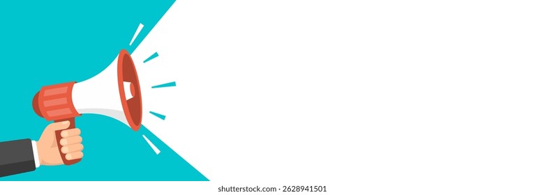 A hand holding a megaphone, with sound waves emanating from it, set against a bright turquoise background. The design is simple and modern, ideal for announcements or promotions.