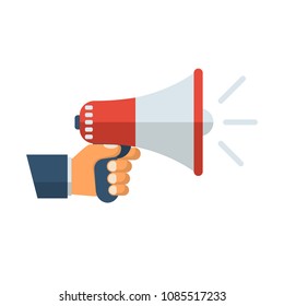 Hand holding megaphone. Speaker, loudspeaker. Advertising and promotion symbol. Bullhorn cartoon. Social media marketing concept. Vector illustration flat design. Isolated on white background.