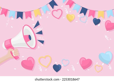hand holding megaphone speaker valentine's day background. celebration happy valentine. vector illustration flat design backdrop. 14 february romantic love. copy space text.