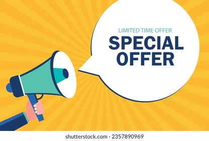 Hand holding megaphone - Special offer speech bubble