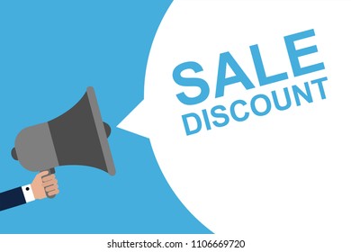 Hand Holding Megaphone With Speech Bubble SALE DISCOUNT. Announcement. Vector illustration