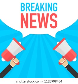 Hand Holding Megaphone With Speech Bubble Breaking NEWS. Announcement. Vector stock illustration.