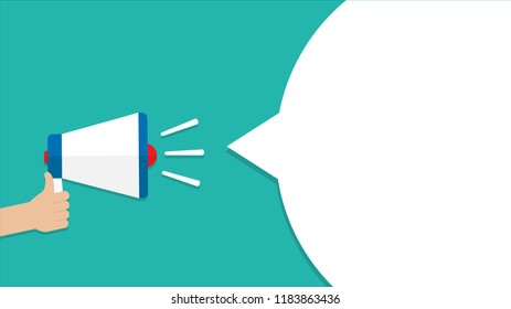 Hand holding megaphone with speech bubble for business, advertising. Vector illustration