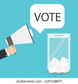 Hand holding megaphone and speech bubble with vote text, ballot box with ballot pages,election concept,flat vector illustration