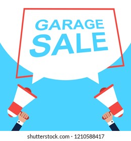Hand Holding Megaphone With Speech Bubble GARAGE SALE. Announcement. Vector illustration