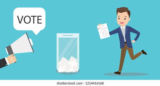 Hand holding megaphone and speech bubble with vote text,happy male runs with a vote page, ballot box,flat vector illustration