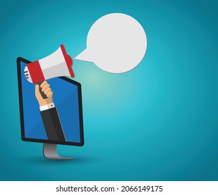 Hand holding a megaphone with speech bubble getting out of the computer screen 