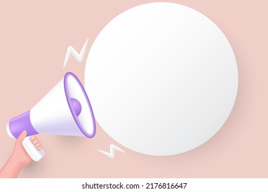 Hand Holding Megaphone With Speech Bubble With Copy Space. 3d Vector Illustration.