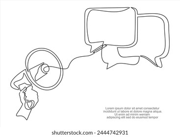 Hand holding megaphone with speech bubble. Loudspeaker. Banner for business, marketing and advertising. Vector illustration.Continuous one line drawing