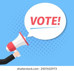 Mano que sostiene el megáfono con la burbuja del discurso con la palabra "voto", Vector eps10 ilustración