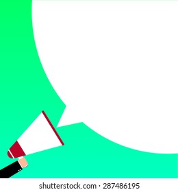 A hand holding megaphone, with speech bubble announcement, vector illustration
