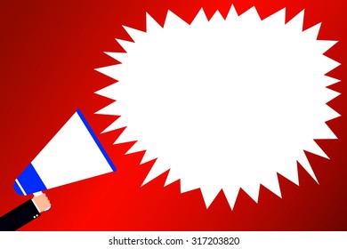 A hand holding megaphone, with speech bubble announcement, vector illustration