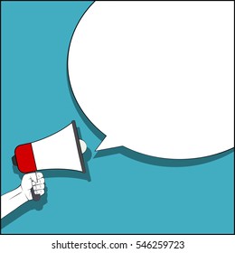 Hand holding megaphone with speech bubble. Motivational poster, banner, template. Flat design Illustration. Colorful attract attention graphic. Cartoon Vector Fist. Comic Style Shadow. Linear drawing.