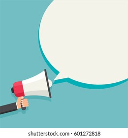 Hand holding megaphone with speech bubble on blue blur background. Motivational poster, banner, template. Flat design Vector Illustration. Colorful attract attention graphic