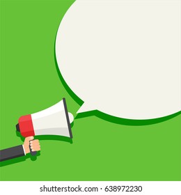 Hand holding megaphone with speech bubble on green blur background. Motivational poster, banner, template. Flat design Vector Illustration. Colorful attract attention graphic