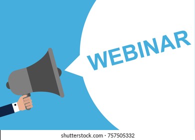 Megáfono de mano con burbuja de voz WEBINAR . Anuncio. Ilustración del vector
