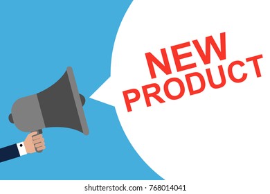 Hand Holding Megaphone With Speech Bubble NEW PRODUCT. Announcement. Vector illustration