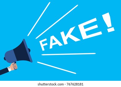 Hand Holding Megaphone With Speech FAKE!. Announcement. Vector illustration