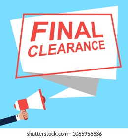 Hand Holding Megaphone With Speech FINAL CLEARANCE. Announcement. Vector illustration