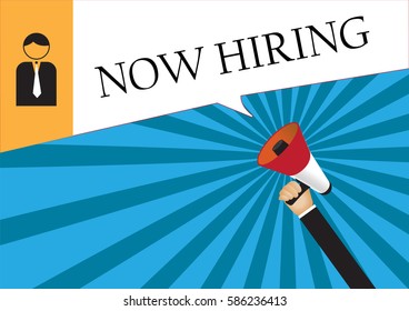 Hand holding megaphone to speech - Now hiring