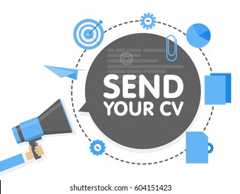Hand holding Megaphone. Speech sign text Send us your cv. Vector illustration.