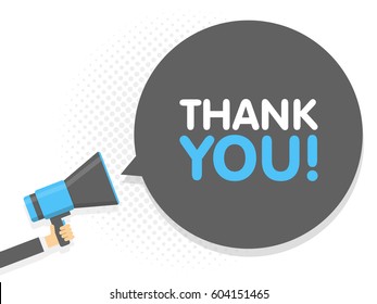 Hand holding Megaphone. Speech sign text Thank you. Vector illustration.