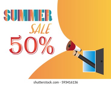 Hand holding megaphone to speech, Summer sale 50 percent