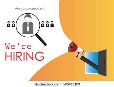 Hand holding megaphone to speech, We' re hiring template