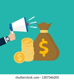 Hand holding megaphone with stack of coin and money bag