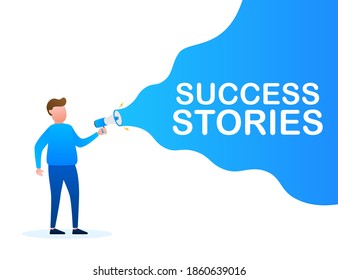 Hand Holding Megaphone with Success stories. Vector stock illustration.