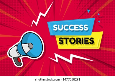 Hand Holding Megaphone with Success stories.comic style, stock illustration.