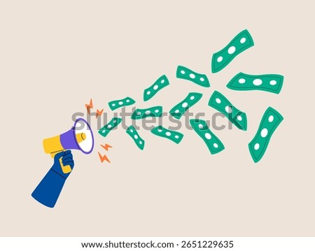 Hand holding megaphone talk on money banknotes. Advertising or savings concept. Colorful vector illustration
