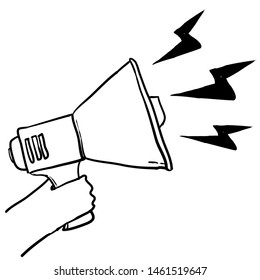 A hand is holding a megaphone telling important news and offers. Information concept with doodle handdrawn style