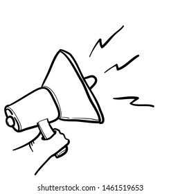 A hand is holding a megaphone telling important news and offers. Information concept with doodle handdrawn style