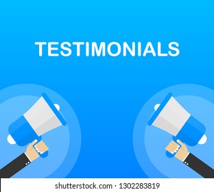 Hand holding megaphone - Testimonials. Vector stock illustration.