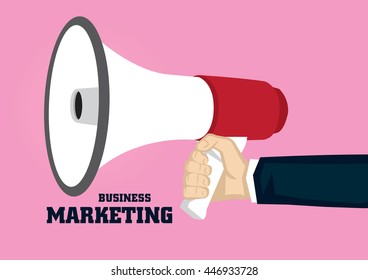 Hand holding megaphone with text Business Marketing isolated on pink background. 