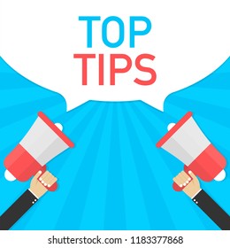 Hand Holding Megaphone with Top tips. Vector stock illustration.