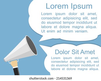 Hand holding megaphone and two speech bubbles for your text, flat design, vector eps10 illustration
