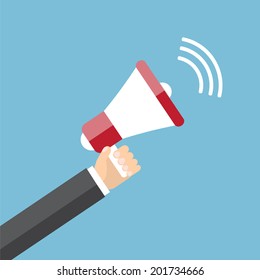 Hand holding a megaphone. Vector icon in flat design,  promotion and advertising concept