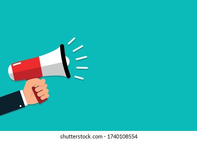 Hand Holding Megaphone - Vector Illustration With Copy Space For Your Message - Isolated On Cyan Color Background