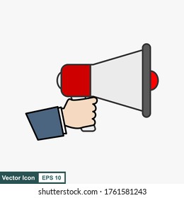 Mano sosteniendo megáfono. Ilustración vectorial en estilo plano. Símbolos de portavoz de anuncios y promociones.