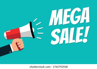 Hand Holding Megaphone - Vector Illustration With Concept Message Mega Sale! - Isolated On Cyan Color Background
