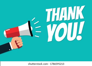 Hand Holding Megaphone - Vector Illustration With Concept Message Thank You! - Isolated On Cyan Color Background