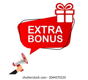 Hand Holding Megaphone, Vector Illustration Red Extra Bonus Label. Modern Web Banner Element With Gift.