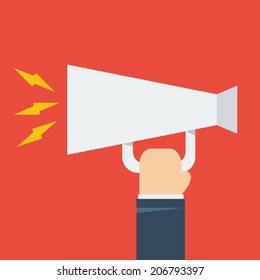 Hand holding a megaphone. Vector illustration
