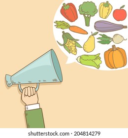 Hand holding megaphone with vegetables in bubble speech. Vector illustration